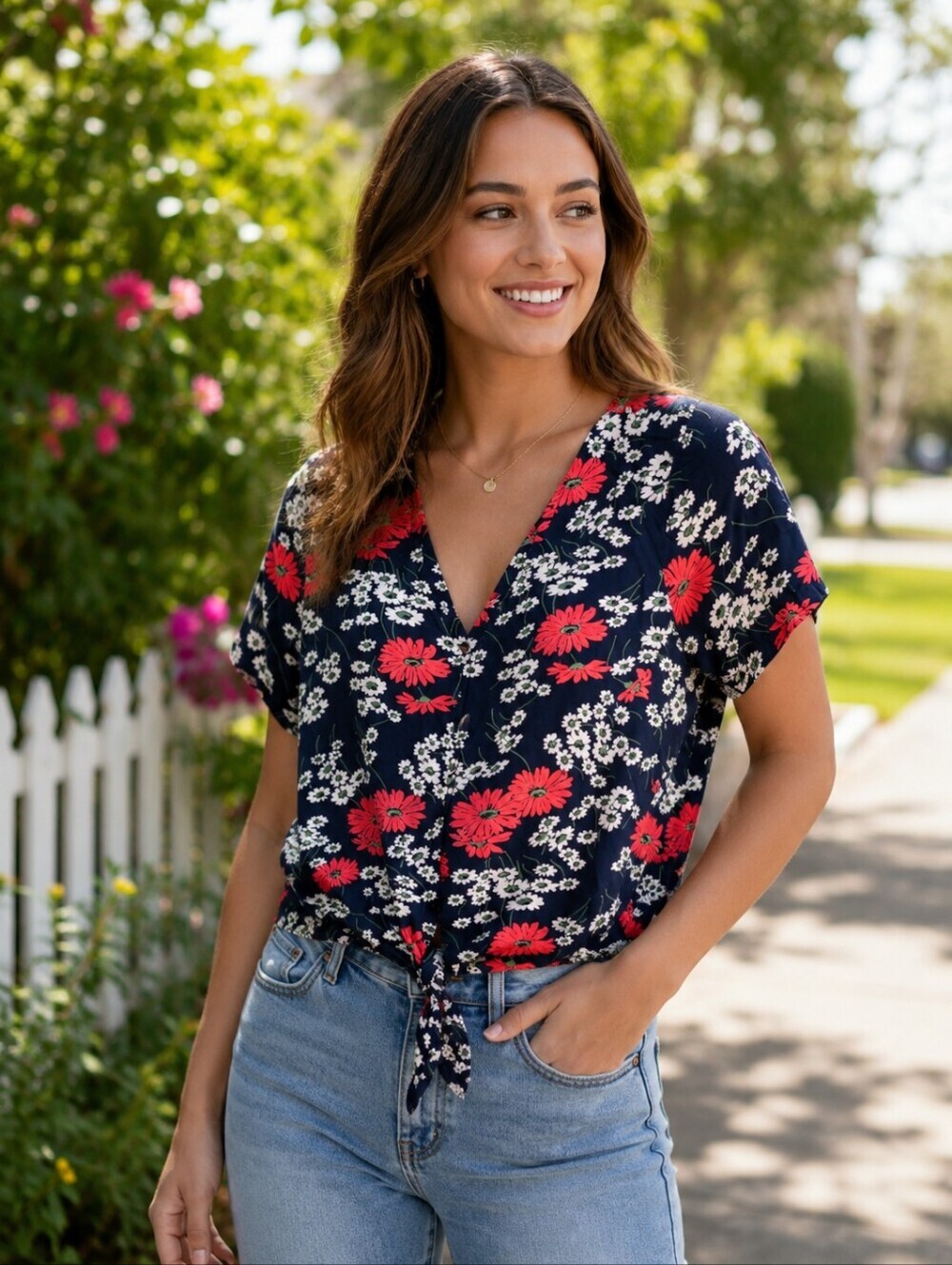 Madewell Navy Floral Tie-Front V-Neck Blouse
